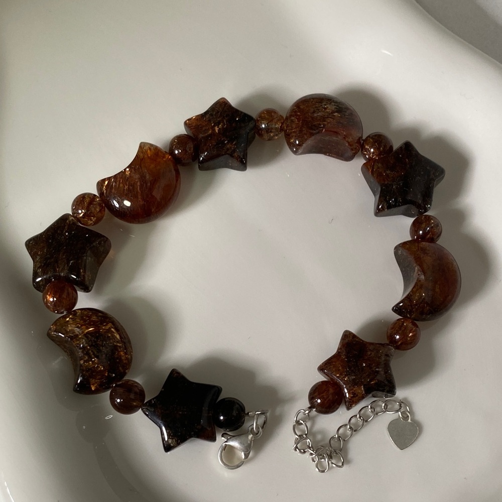 ✨ Coffee Rutilated Quartz Moon & Star Bracelet